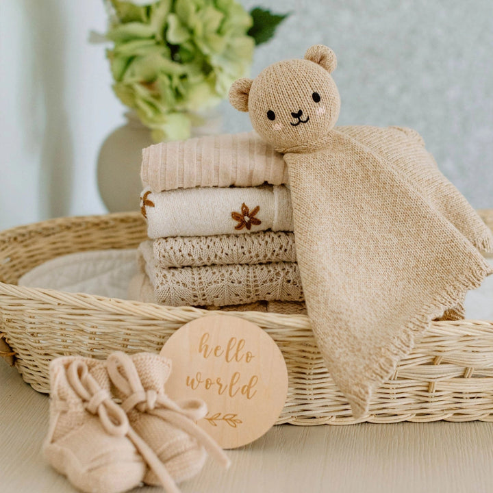 hony coloured baby bear organic hand knitted comforter 