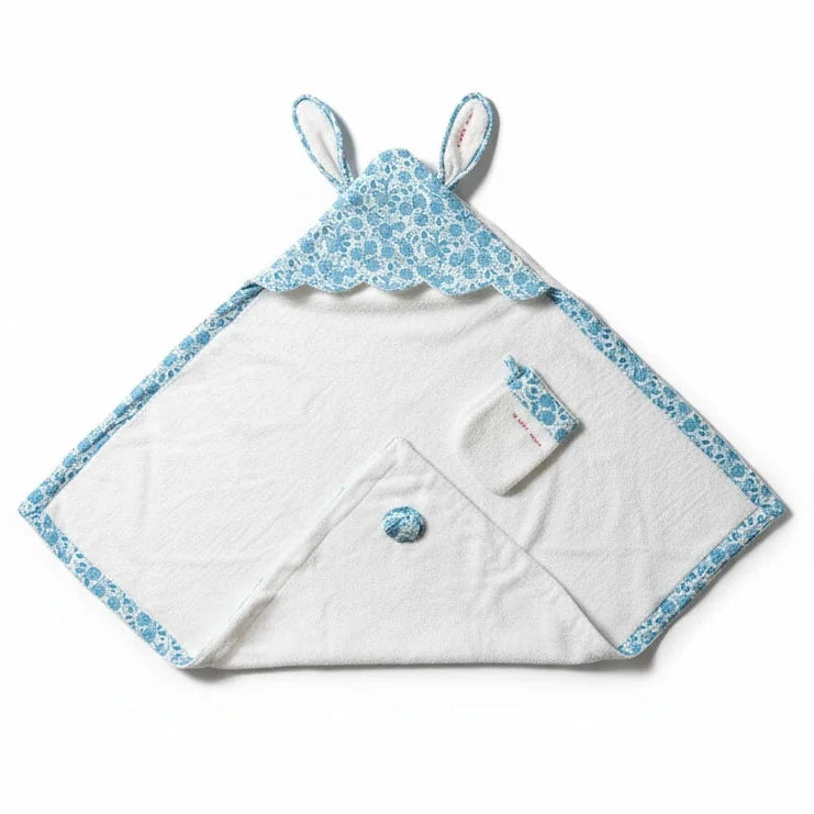 baby hooded towel and matching mit in white with matching blue trim and hood with ears 
