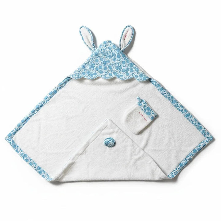 baby hooded towel and matching mit in white with matching blue trim and hood with ears 