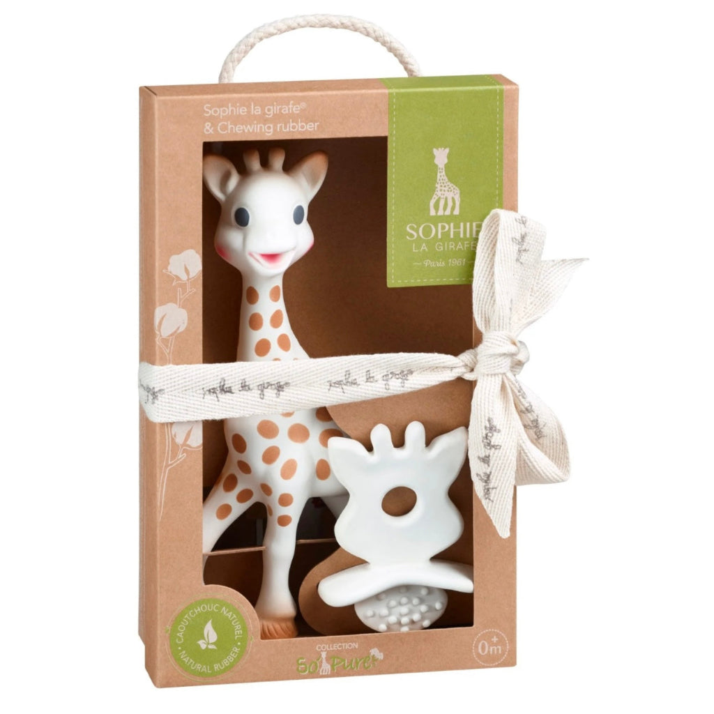 Sophie la girafe toy and chewing rubber in packaging with visible brand logo.