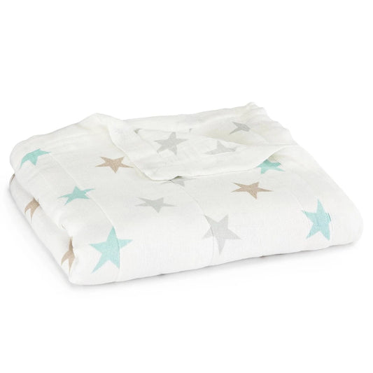Baby blanket in white with blue, silver and gold star design packaged in a box