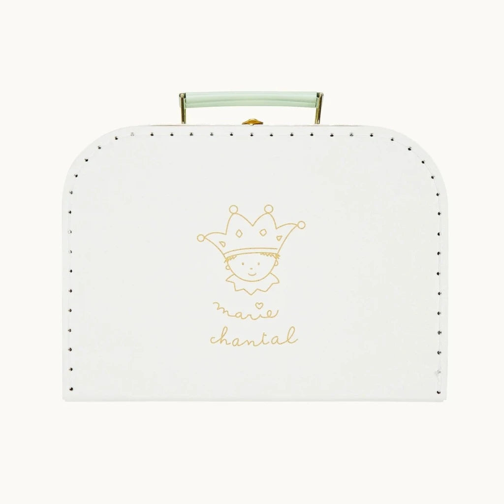 pale green card suitcase with marie-chantal crown and face design