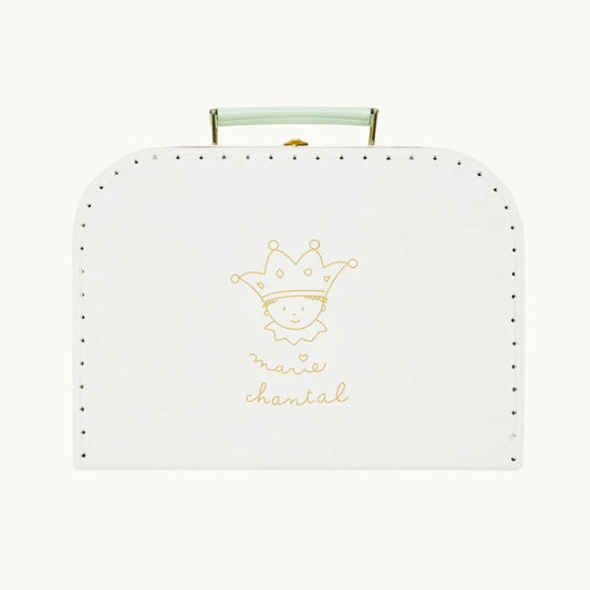 pale green card suitcase with marie-chantal crown and face design