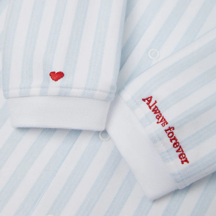 blue and white striped baby romper in organic cotton with embroidered cuff 'always forever'