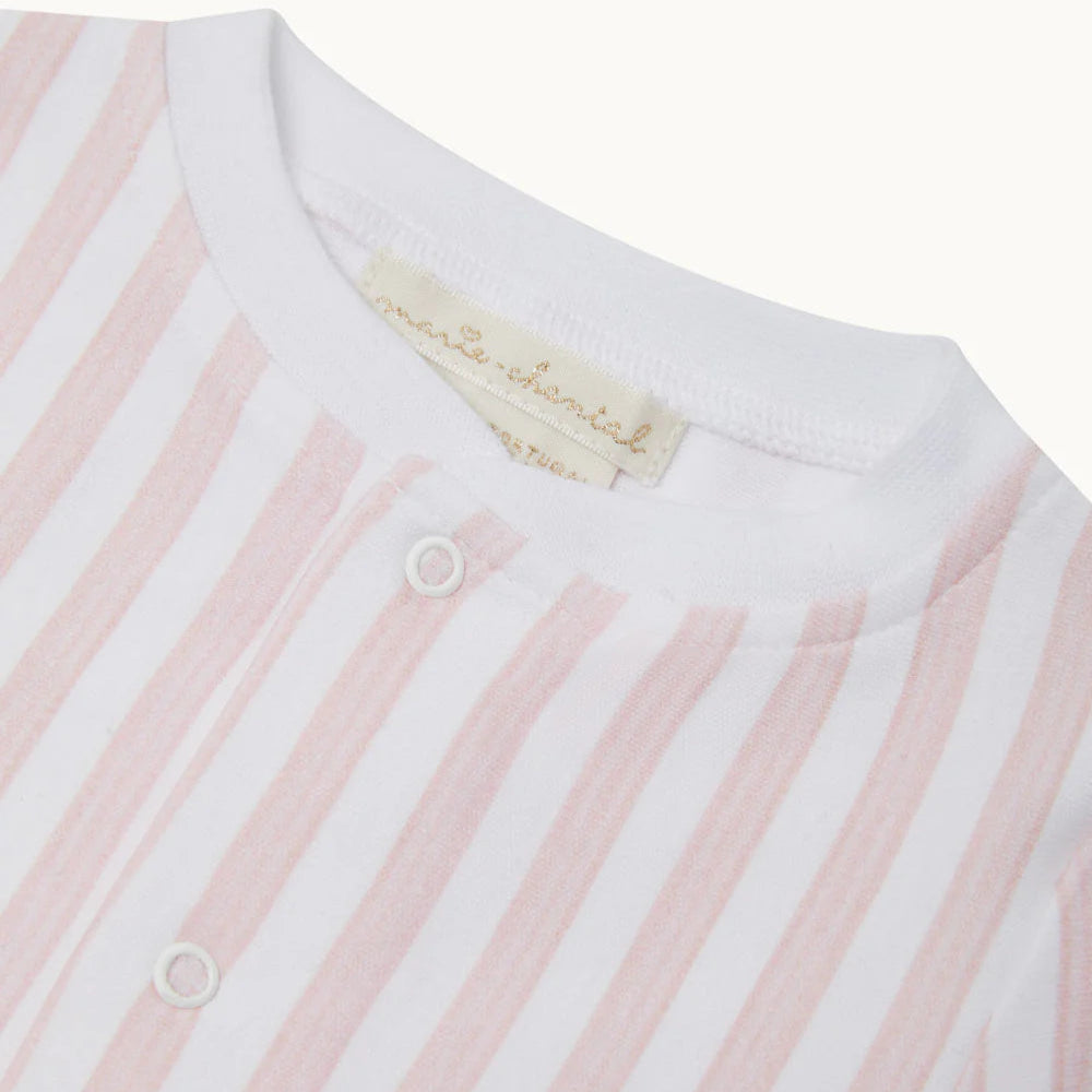 pink and white striped luxury baby sleepsuit with embroidered cuff 'I loved you first'