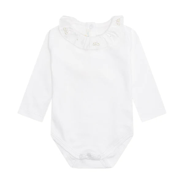 white baby bodysuit by Marie Chantal with ruffled collar embroidered with delicate gold angel wings