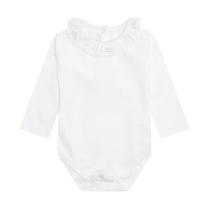 white baby bodysuit by Marie Chantal with ruffled collar embroidered with delicate gold angel wings