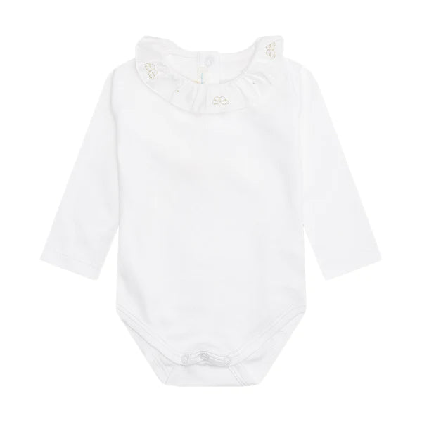 Dusky pink velour baby sleepsuit by Marie chantal with gold angel wings, white ruffle neck baby body suit with delicate gold angel wings embroidered on the collar