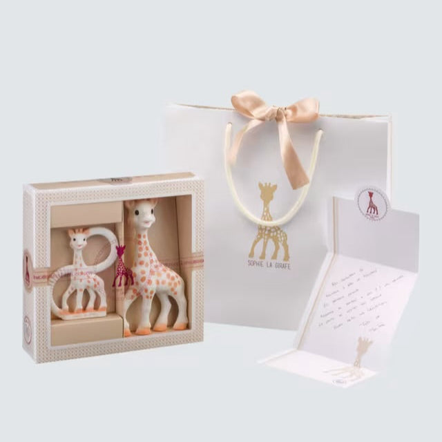 Set of giraffe-themed toys in a decorative box with a gift bag and card 
