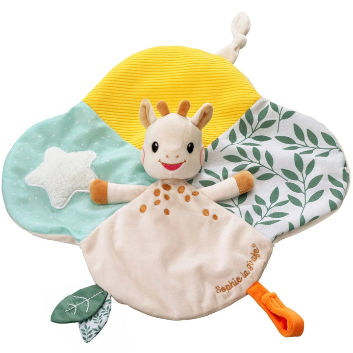 sophie la girafe baby comforter with brightly coloured taggies 