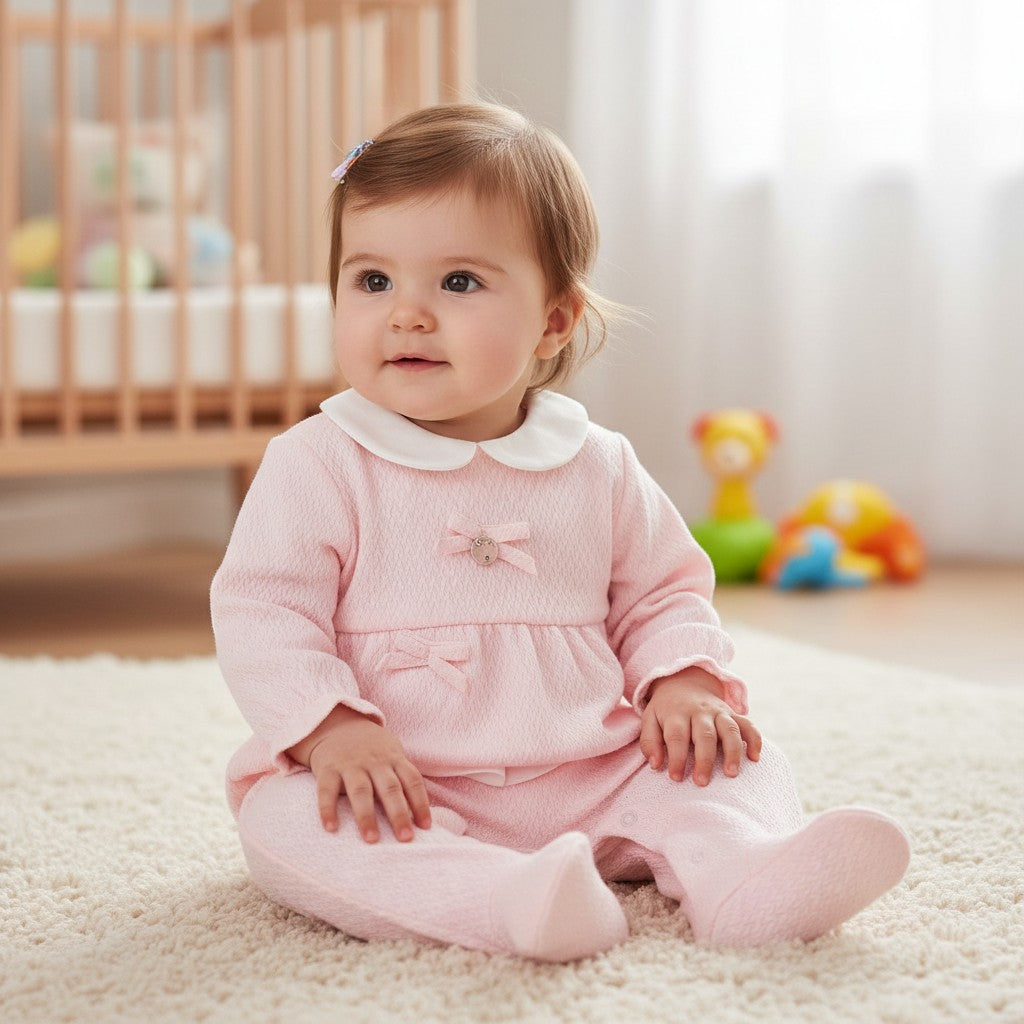 pink textured all in one baby girl outfit with bows