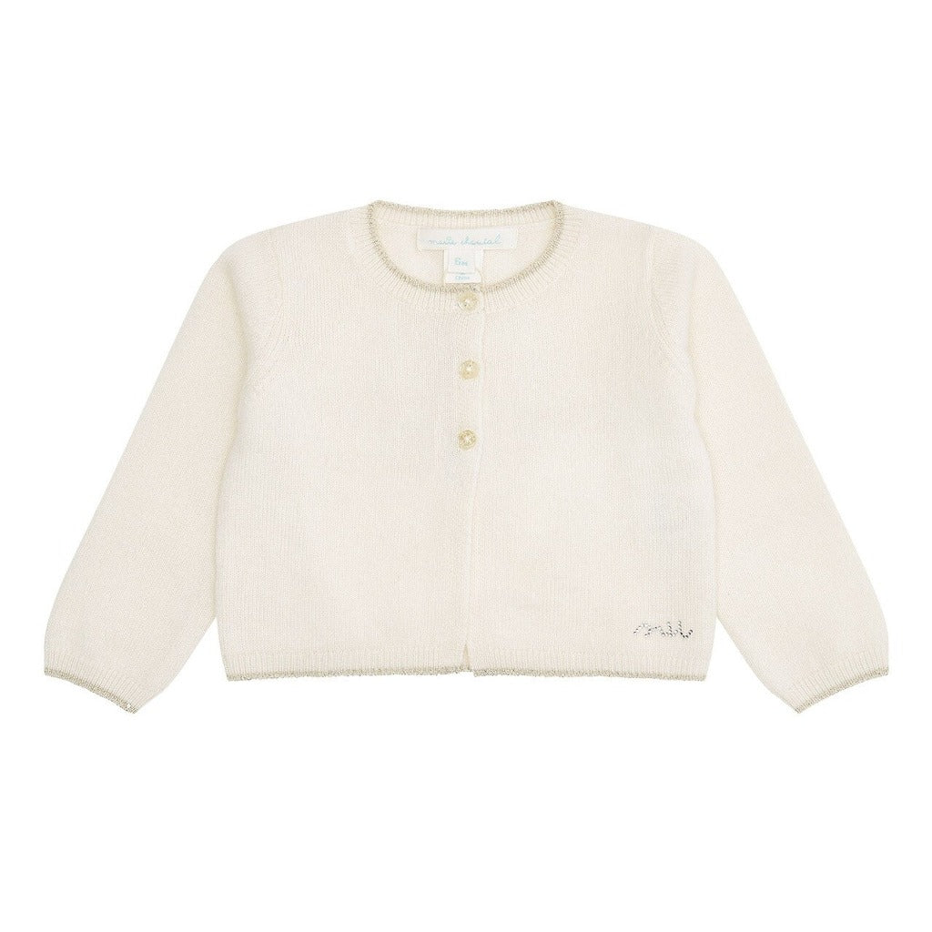 cream cashmere baby cardigan with angel wings on the back, white baby onsie with gold angel wings embroidered on a ruffled collar in a gift box