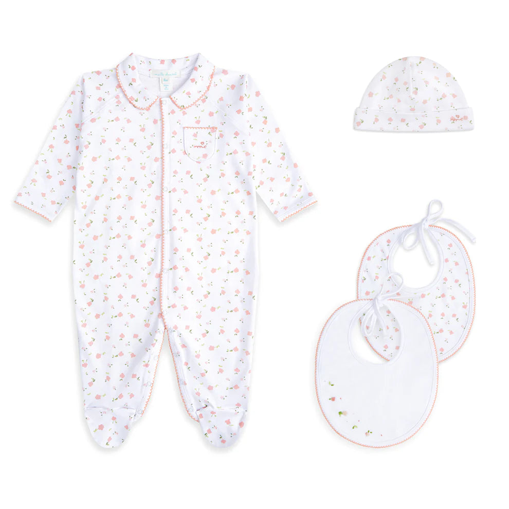 white prima cotton baby sleepsuit with delicate pink flowers and picot edging , white prima cotton hat with pink flowers, 2 delicate white bibs with pink picot edging with flowers and a tie       