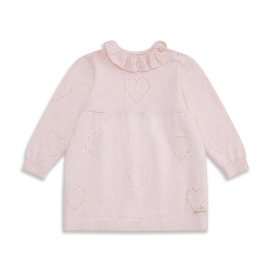 Pink knit baby dress with hearts and a ruffle collar 