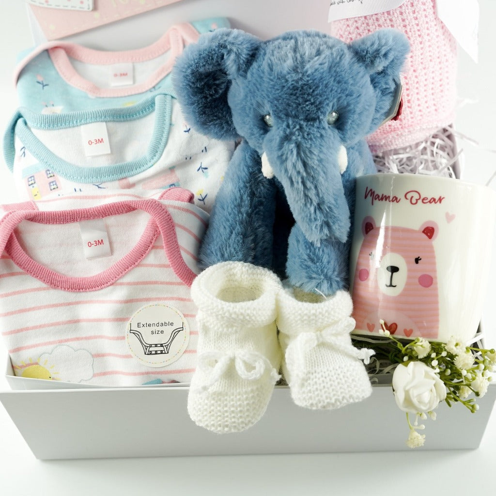 white magnetic hamper box with baby girl gifts , 3 bodysuits in oragnic cotton in pink, blue and white with little houses design, soft blue elephant plus and matching elephant comforter, white baby booties, pink baby cellular blanket, mama mug, baby pink nursery plaque