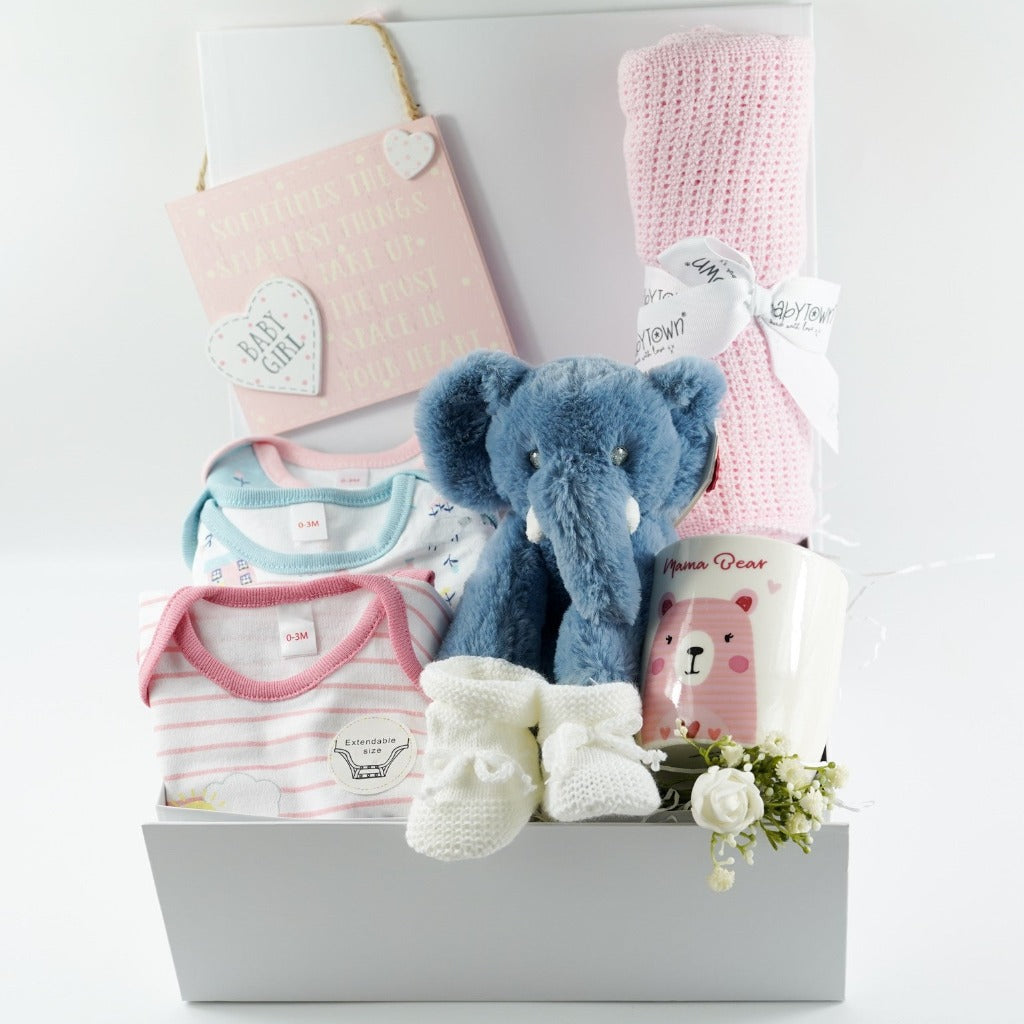white magnetic hamper box with baby girl gifts , 3 bodysuits in oragnic cotton in pink, blue and white with little houses design, soft blue elephant plus and matching elephant comforter, white baby booties, pink baby cellular blanket, mama mug, baby pink nursery plaque 