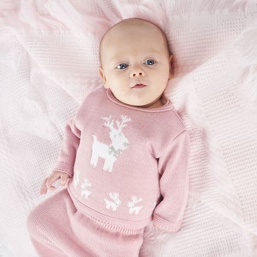 baby girl pink knit christmas outfit with reindeers