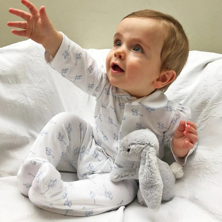 white baby sleepsuit with magnetic fasteners, blue mice and piped blue collar