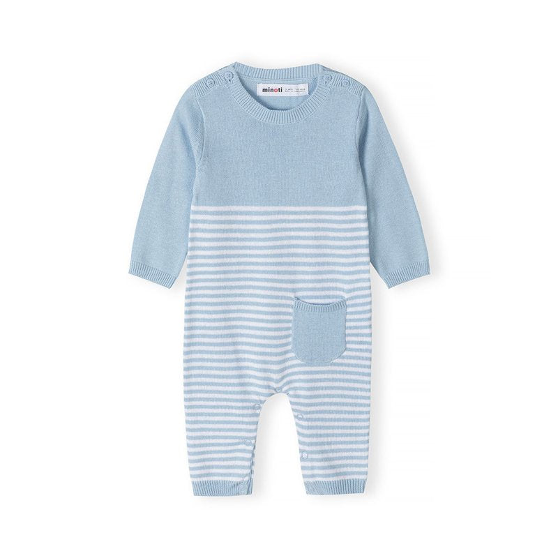 Blue and white striped baby romper made from 100% cotton fine knit 