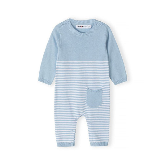 Blue and white striped baby romper made from 100% cotton fine knit 