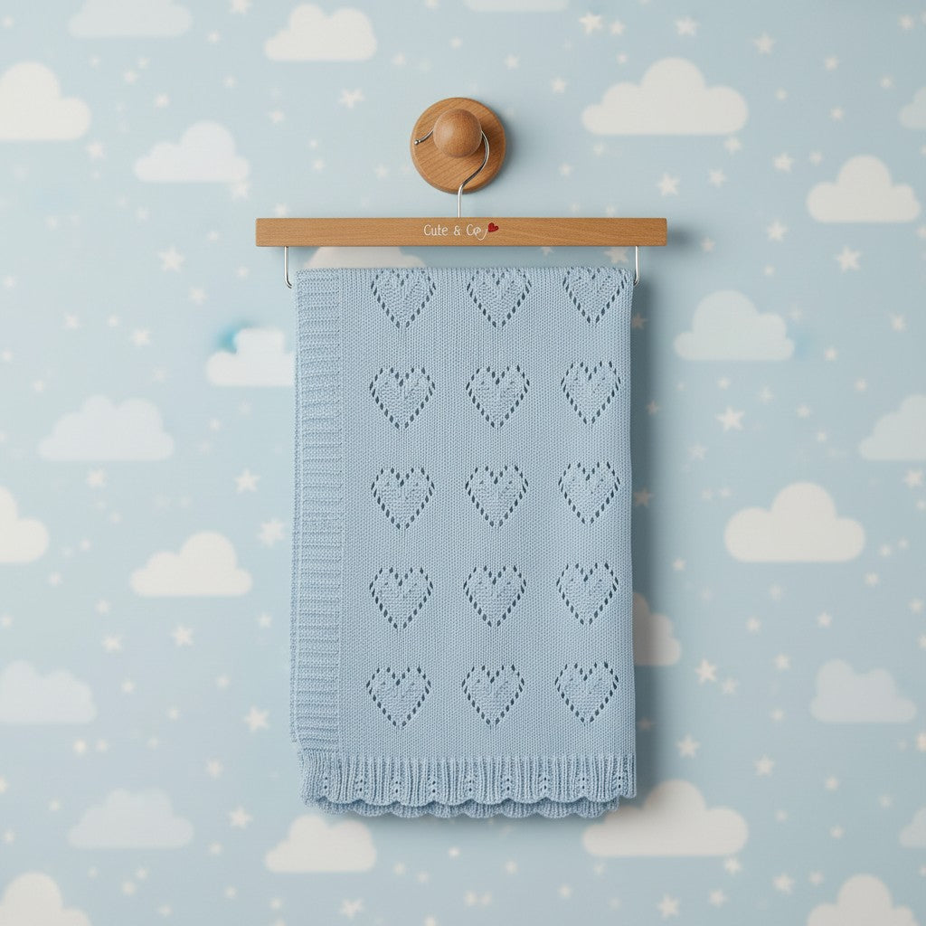 light blue pointelle baby shawl with hearts in 100% cotton