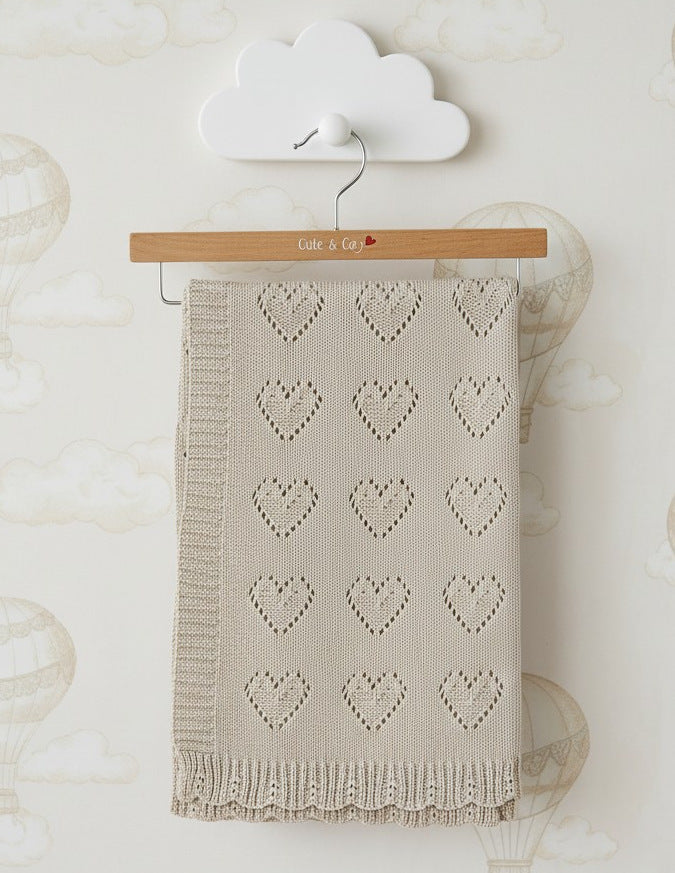 Taupe Cotton Pointelle Heart Baby Shawl