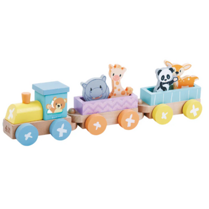 wooden trainset with colourful circus animals 