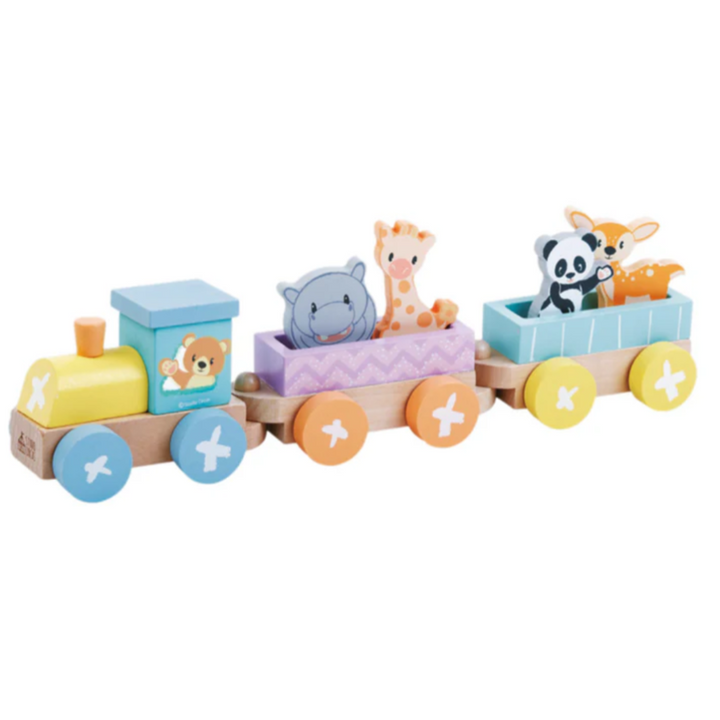 wooden trainset with colourful circus animals 