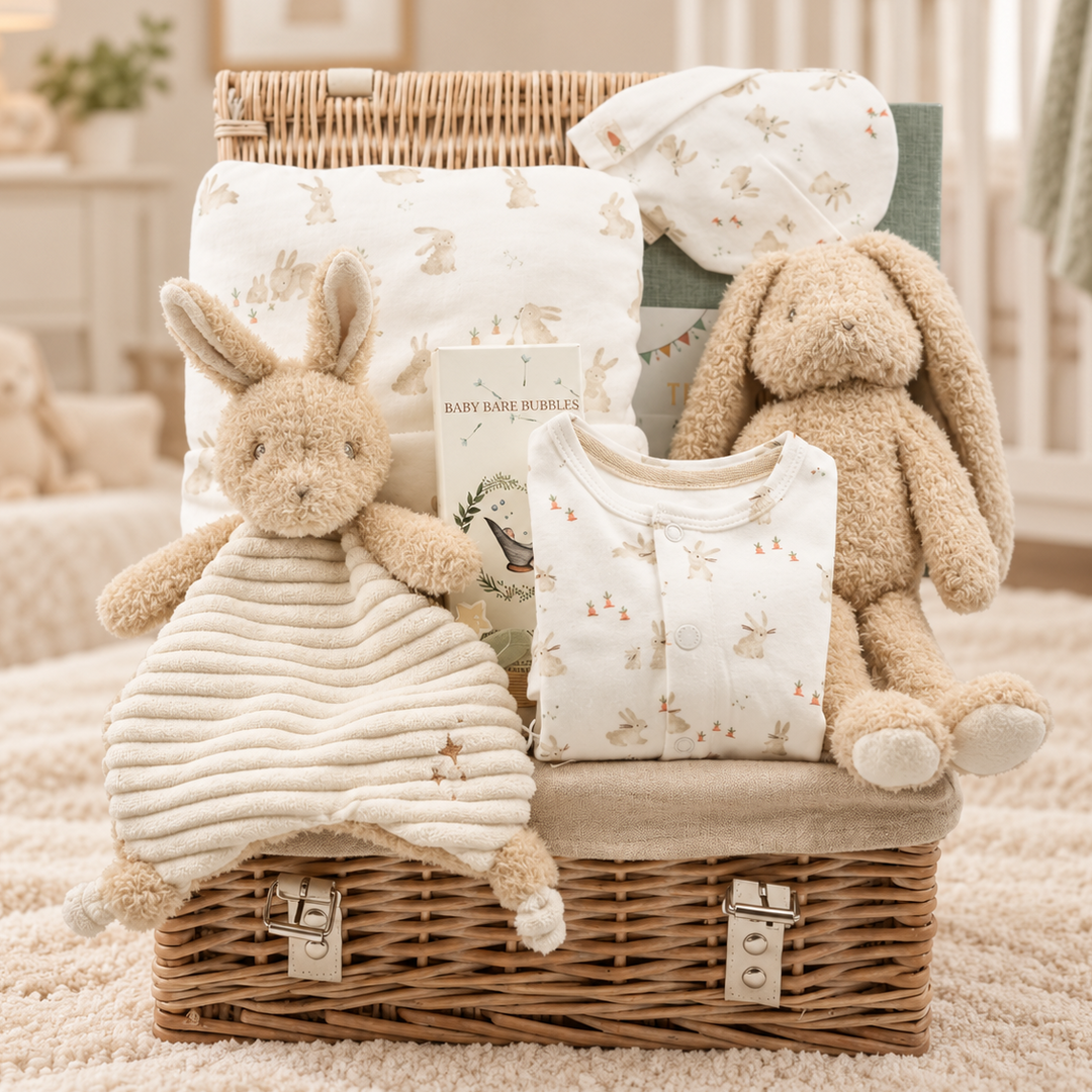 baby gift hamper with bunny comforter and matching bunny soft toy, bunney bassinet blanket, baby bubble bath, baby bunn clothing set with matching hat and journal