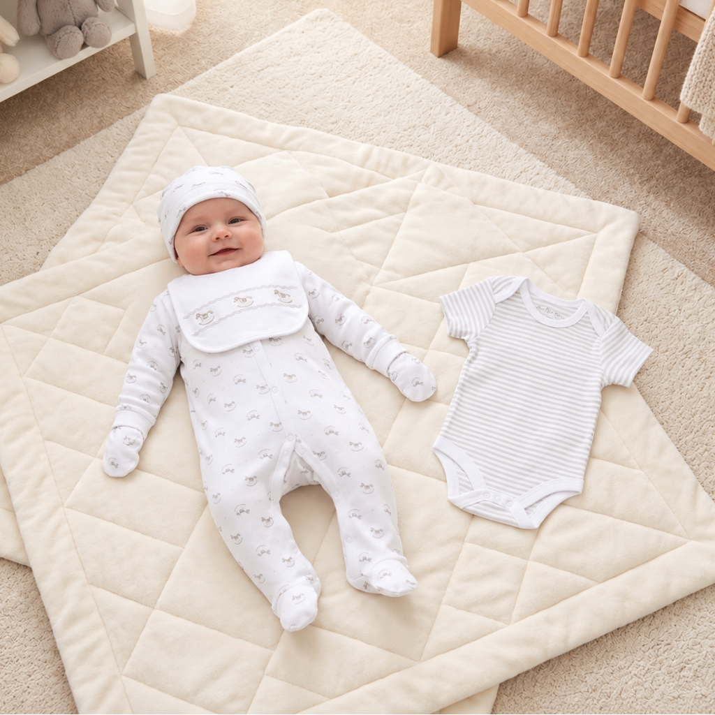 baby in a white layette with grey rocking horse 