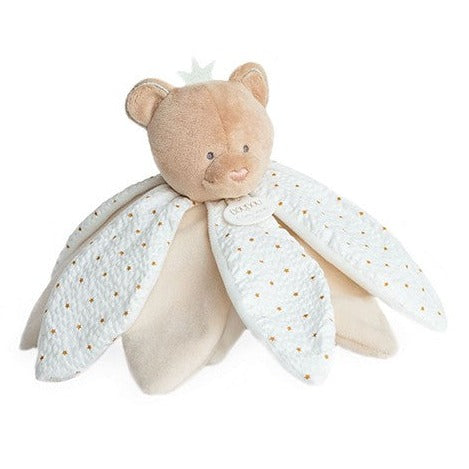 luxury baby comforter with teddy head and petal design in textured fabrics