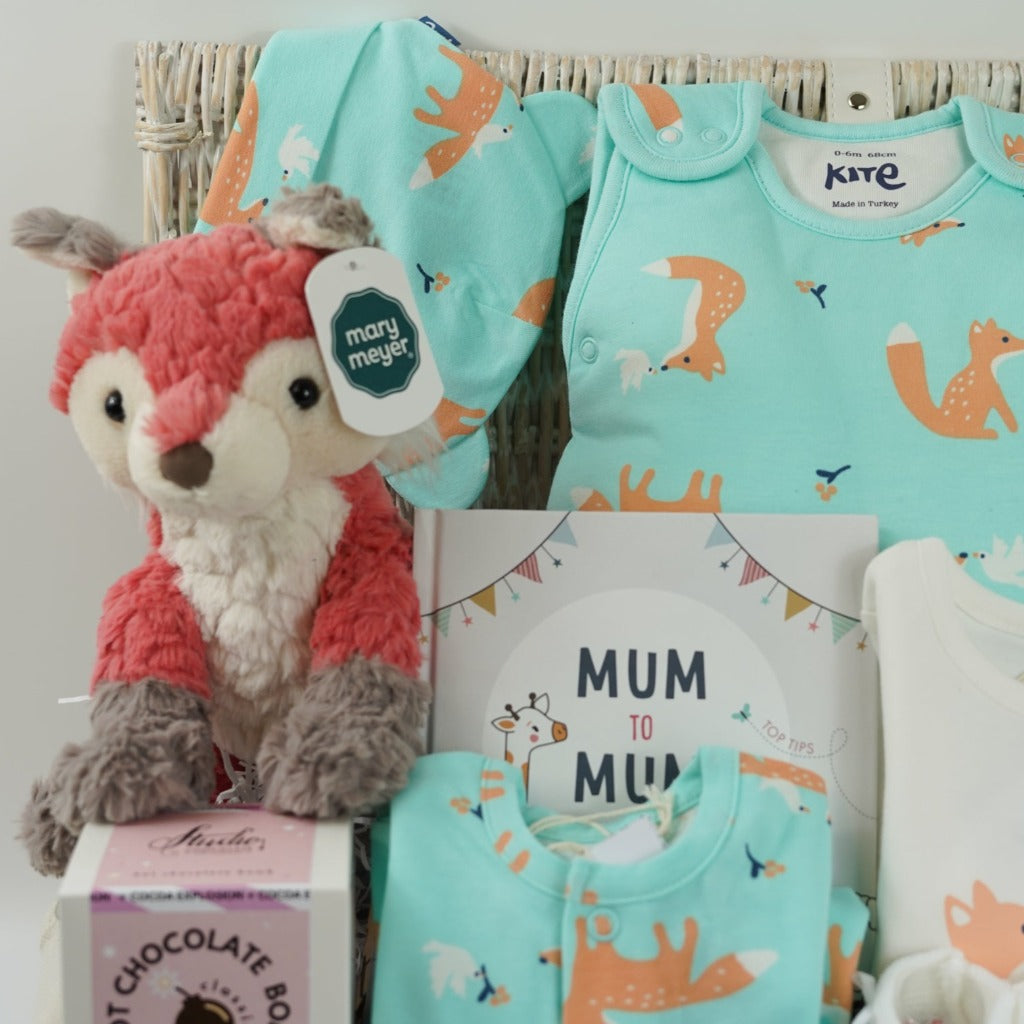 mint green baby sleepsuit with foxes and doves, baby sleeping bag with foxes and doves, baby organic cotton hat with foxes and doves, baby vest in white with foxes and doves, mum to mum advice book, white knit booties, coral coloured soft fox toy in a white hamper basket