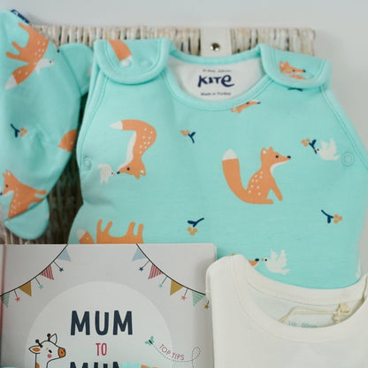 mint green baby sleepsuit with foxes and doves, baby sleeping bag with foxes and doves, baby organic cotton hat with foxes and doves, baby vest in white with foxes and doves, mum to mum advice book, white knit booties, coral coloured soft fox toy in a white hamper basket