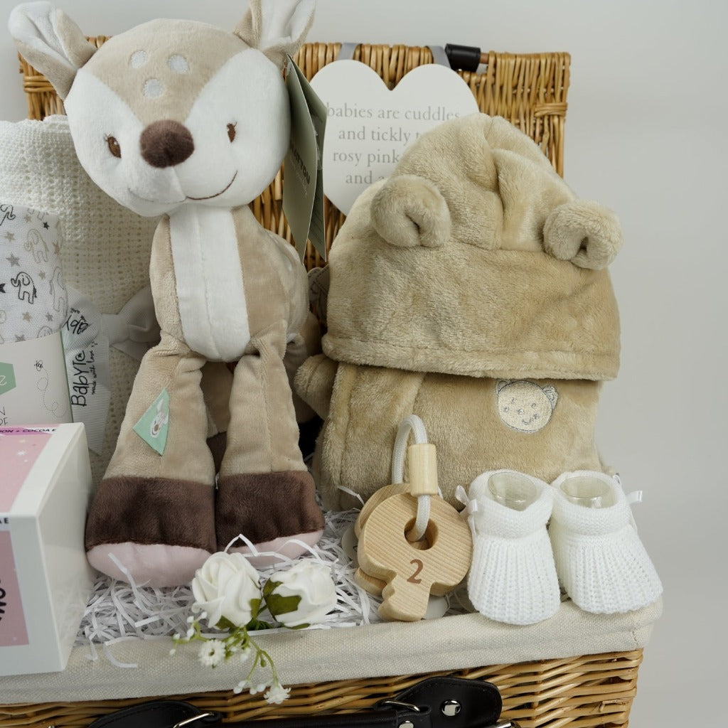 Baby Gift Hamper Cuddly Fawn Toy And Baby Dressing Gown New Mum Chocolate