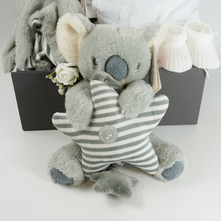 baby hamper box with white soft baby dressing gown in white with cute ears, Koala sofy comfort blanket in grey and white, baby milestone cards , muslin in white with grey elephants , white baby booties