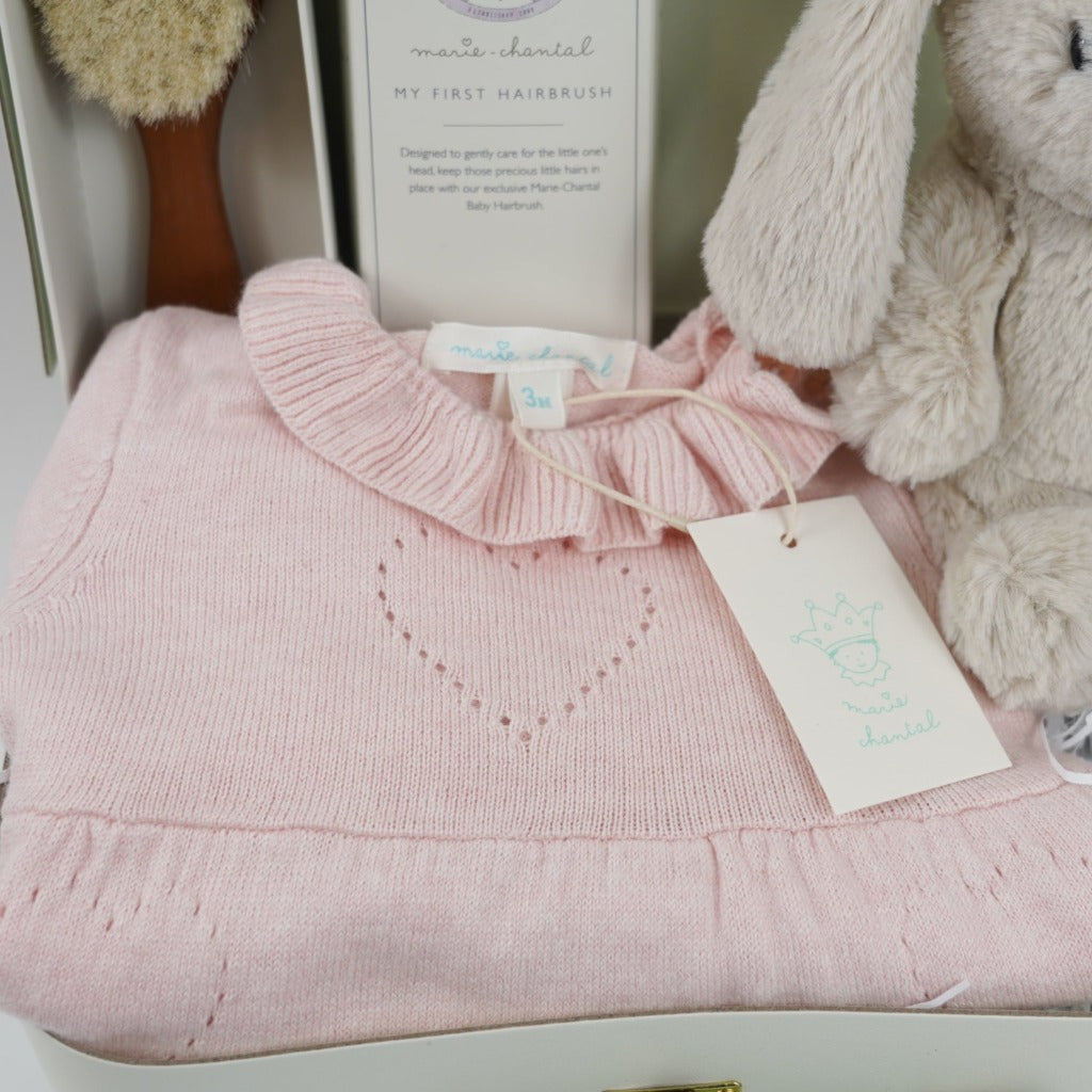 Luxury baby girl hamper, knit baby dress in pink with heart, natural hairbrush in a box, grey steiff hoppie bunny