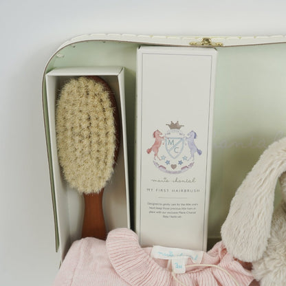 Luxury baby girl hamper, knit baby dress in pink with heart, natural hairbrush in a box, grey steiff hoppie bunny