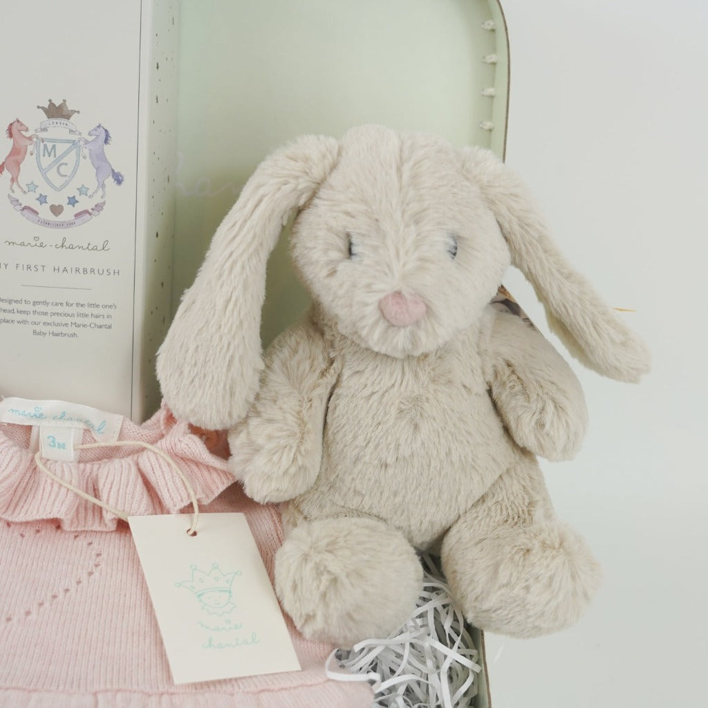 Luxury baby girl hamper, knit baby dress in pink with heart, natural hairbrush in a box, grey steiff hoppie bunny