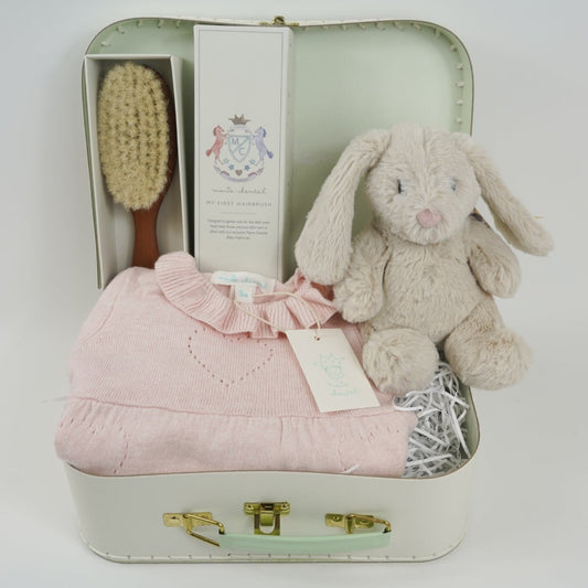 Luxury baby girl hamper, knit baby dress in pink with heart, natural hairbrush in a box, grey steiff hoppie bunny