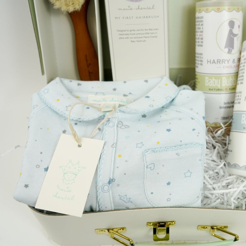 Luxury baby boy sleepsuit with hearts and stars in prima cotton, luxury boxed baby hairbrush , organic baby toiletries