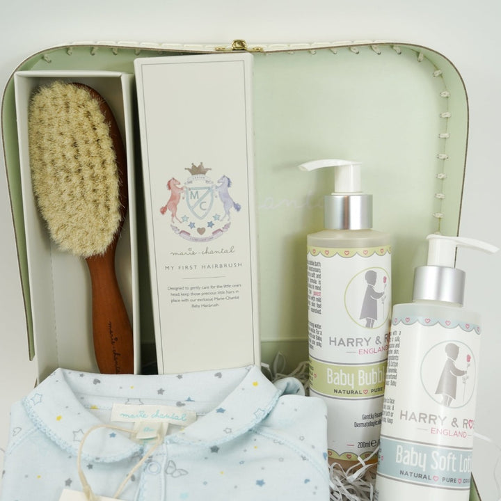 Luxury baby boy sleepsuit with hearts and stars in prima cotton, luxury boxed baby hairbrush , organic baby toiletries