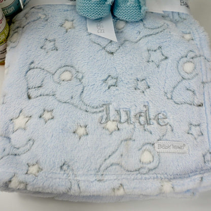 personalised baby blanket, blue baby blanket with grey elephants