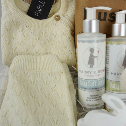 New Baby Organic Hamper Baskets, Corporate Baby Gift, Baby Outfit, Organic Toiletries And Lamb Baby Soft Toy