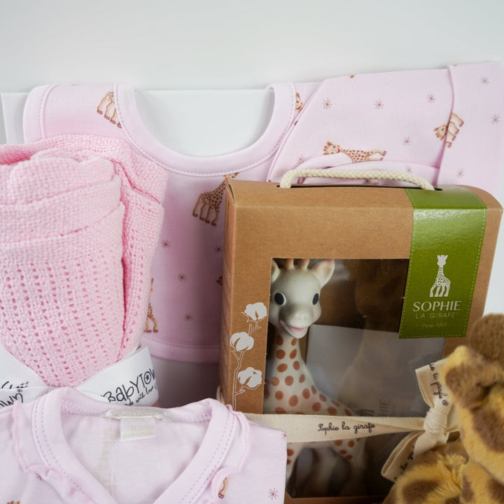 White hamper basket with baby girl gifts, luxury pink sophie la girafe baby outfit with frill at the front, includes sleepsuit, hat and bib, sophie la girafe teething toy, big soft floppy girafe eco friendly toy, pink baby shoes in suede effect with cute ears and face, pink baby photo album , baby toiletries