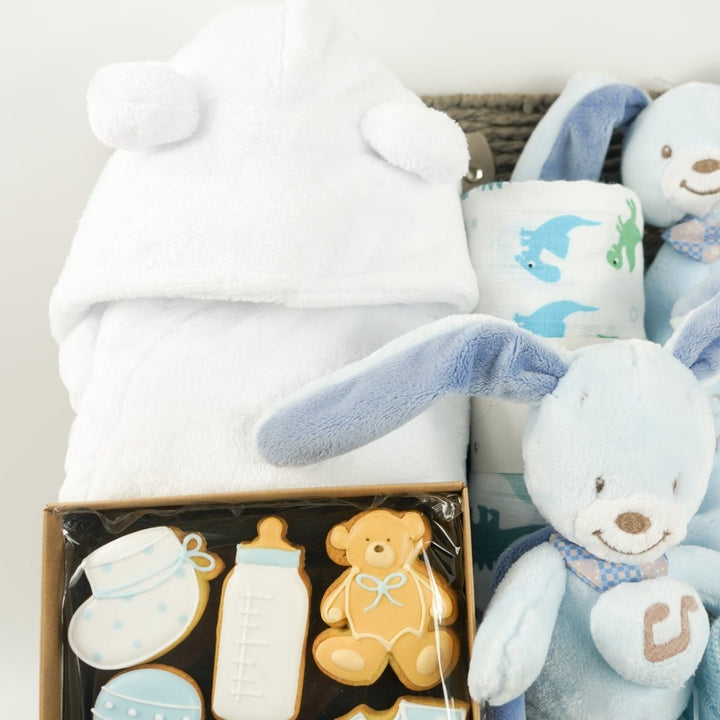 Baby boy hamper basket, white baby dressing gown with ears, muslin with dinosaurs in green and blue, blue Nattou rabbit musicaql and matching comforter, baby booties in blue, box of baby themed biscuits in blue and white