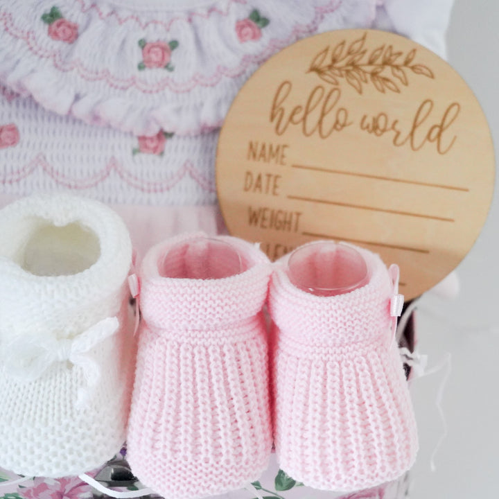 Small Baby Girl Hampers, Smocked Baby Sleepsuit, Baby Booties, Welcome To The World Gift