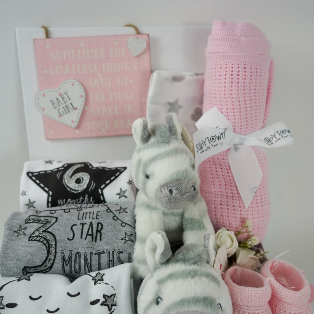 baby girl hamper box with 3 milestone vests, baby cellular blanket in pink, pink knit booties , zebra eco friendly soft toy and matching comforter , pink nursery plaque