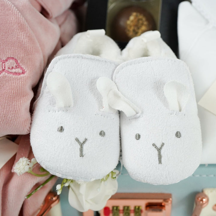 Luxury PU keepsake suitcase with luxury baby clothing set and baby sleepsuit in white PU cotton, Fawn Teether, Chocolate domes x 3 , Organic toiletries, white baby slippers with ears