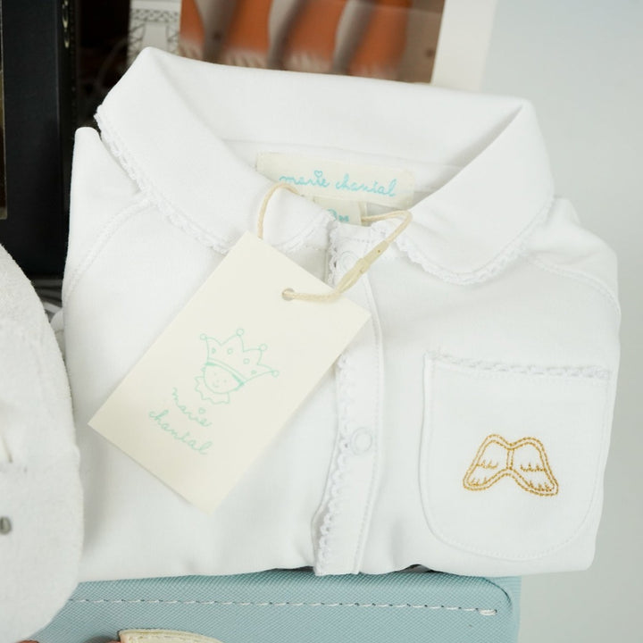 Luxury PU keepsake suitcase with luxury baby clothing set and baby sleepsuit in white PU cotton, Fawn Teether, Chocolate domes x 3 , Organic toiletries, white baby slippers with ears