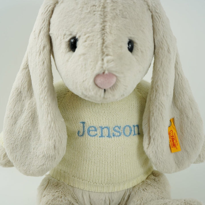 Steiff grey bunny with button in ear, option to have a jumper embroidered with baby's name 